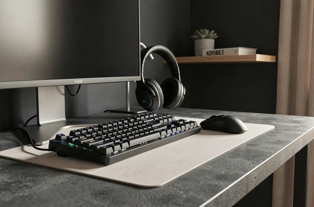 Gros plan sur un clavier gaming mécanique et une souris sans fil sur un bureau en béton dans une chambre gaming sombre et minimaliste