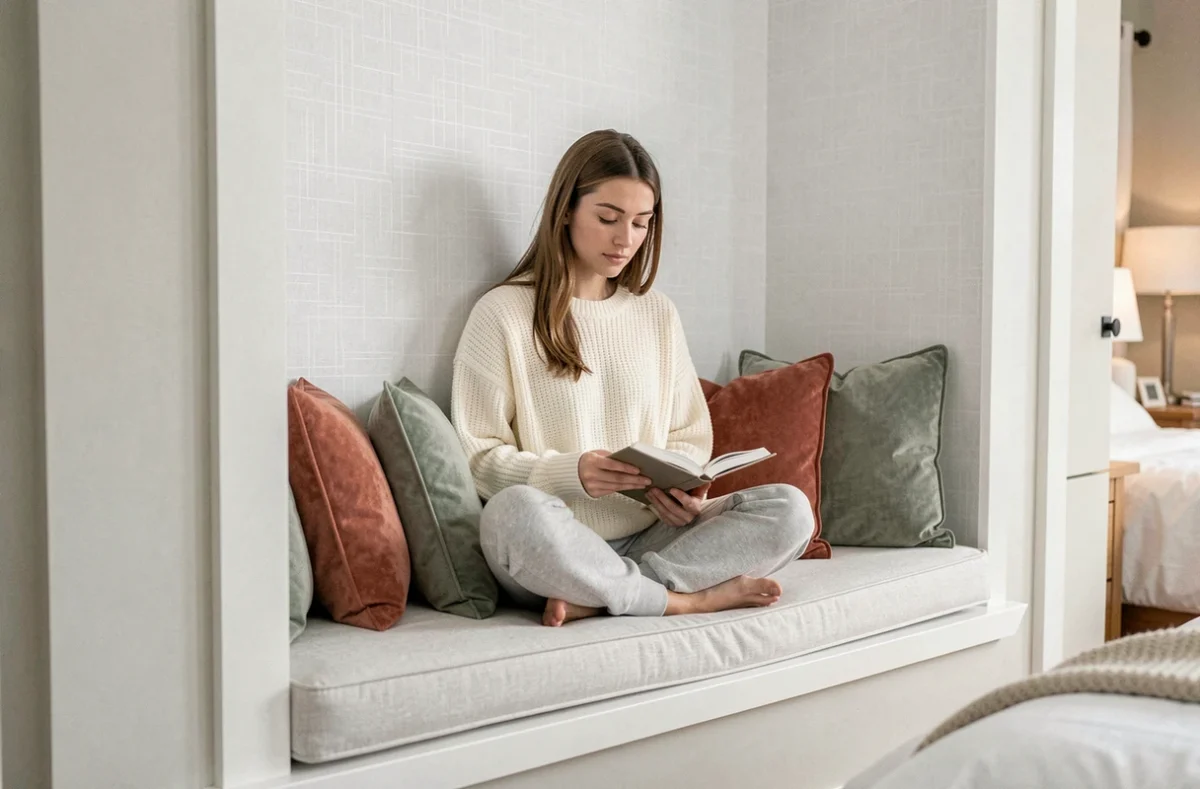 Jeune femme lisant dans un coin lecture cocooning tapissé de papier peint intissé blanc texturé, coussins colorés et ambiance douce