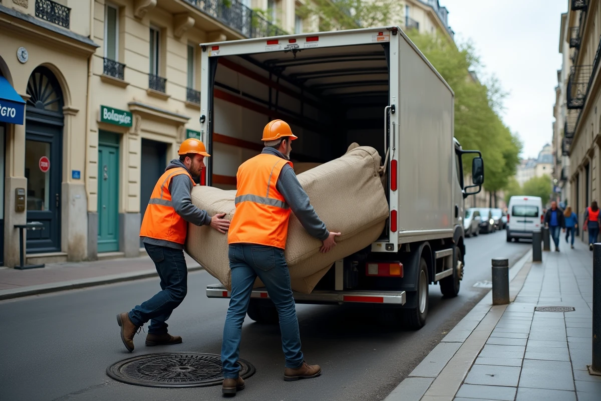 Agents municipaux chargeant des encombrants dans un camion de collecte dans le 15e arrondissement de Paris