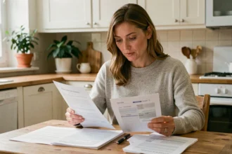 Femme comparant des documents d'assurance habitation GMF et mutuelles à une table de cuisine moderne