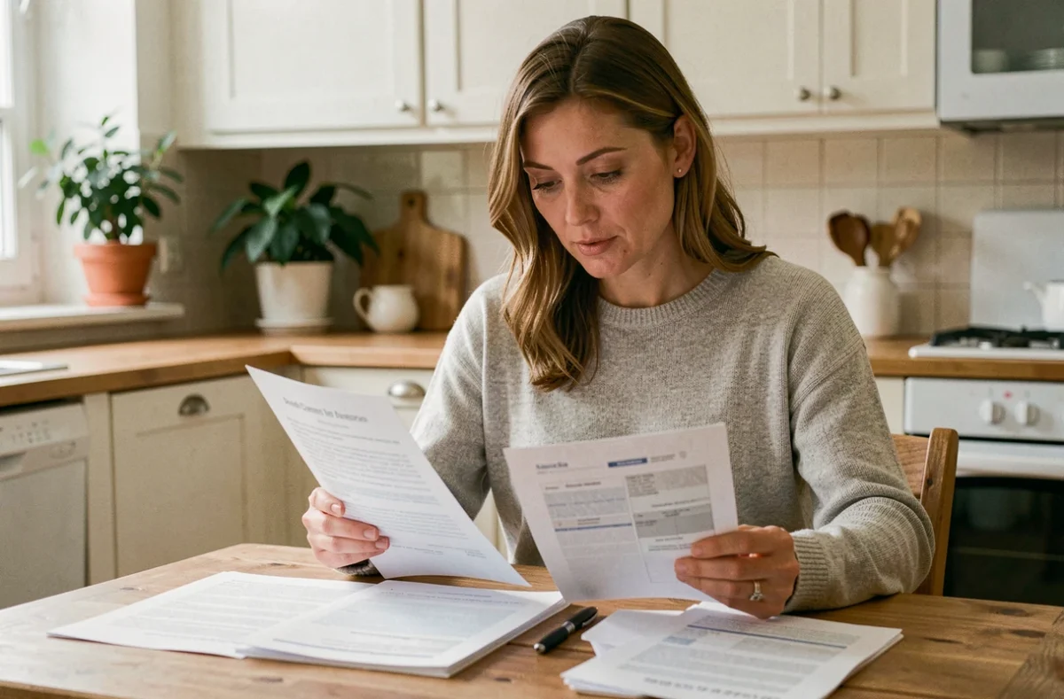 Femme comparant des documents d'assurance habitation GMF et mutuelles à une table de cuisine moderne