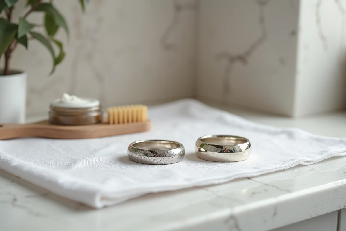 Comparaison de deux bagues en argent, l'une ternie et l'autre nettoyée, avec des produits d'entretien sur un tissu en lin blanc