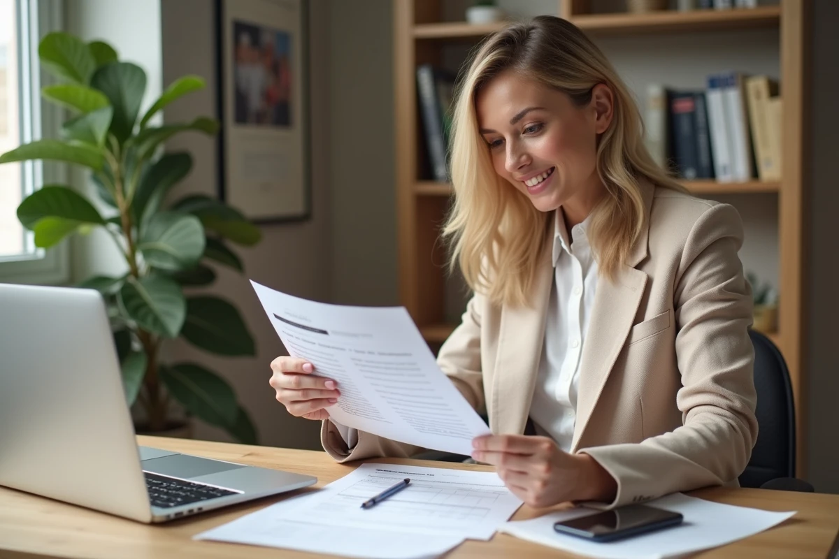 Femme comparant des devis d'assurance box garage sur son bureau à domicile avec documents et ordinateur portable