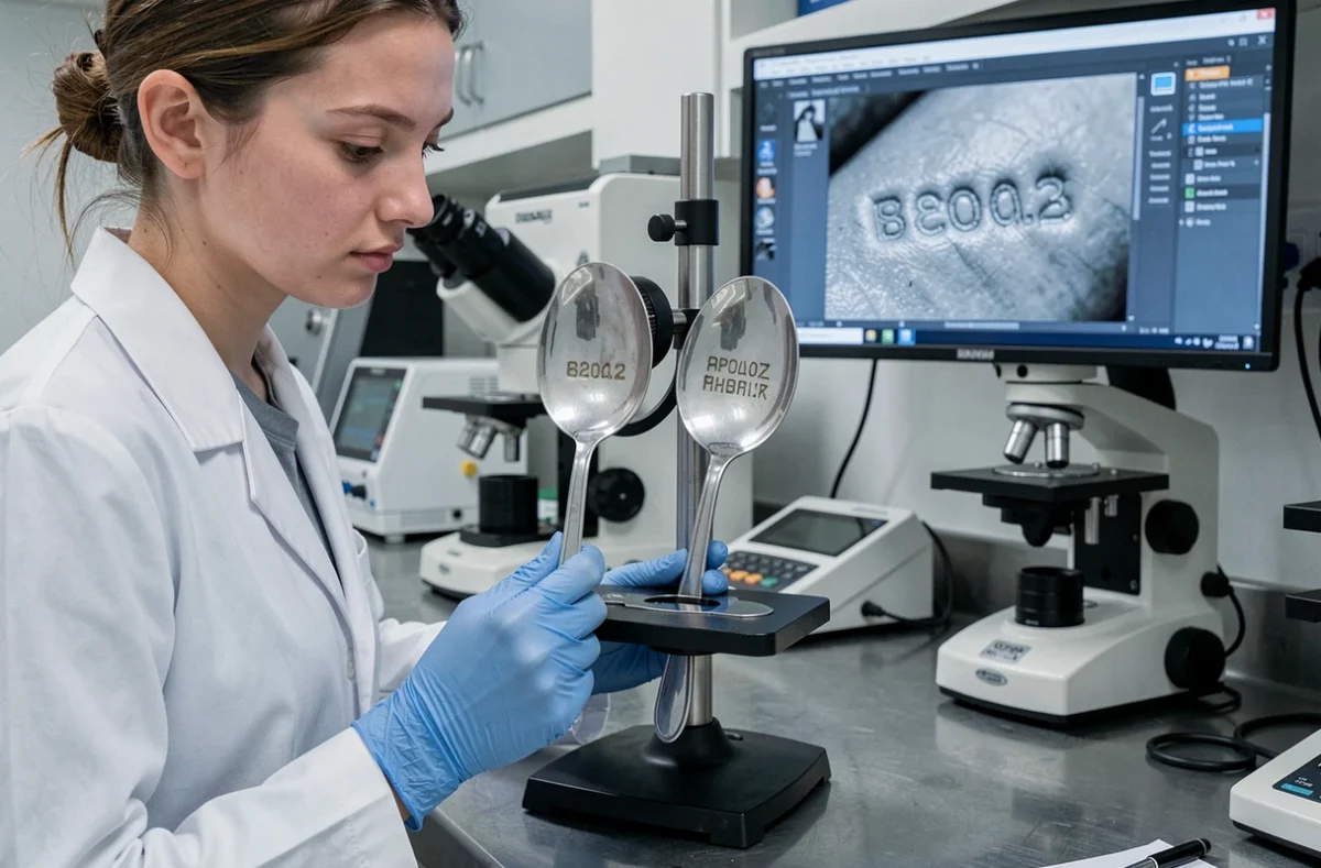 Chercheuse comparant un vrai poinçon argent et un faux poinçon sur des couverts en laboratoire d'authentification