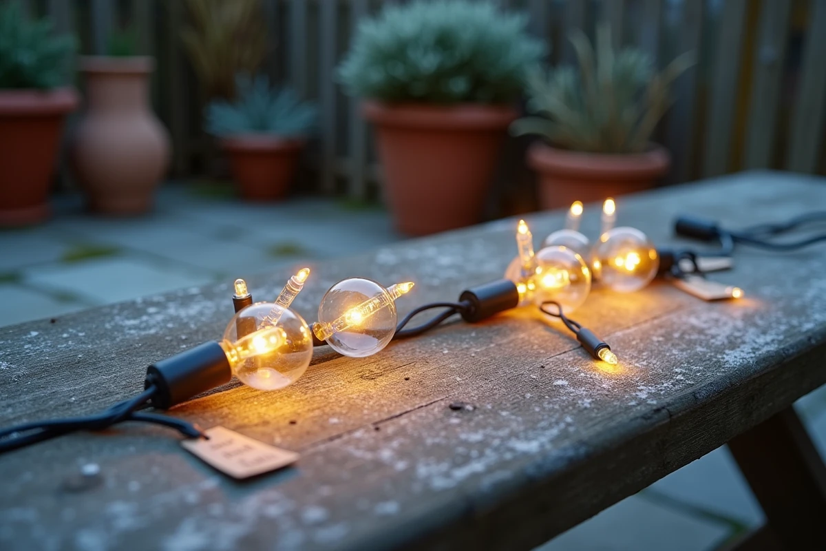 Comparaison entre guirlandes de Noël incandescentes et LED basse consommation posées sur un banc de jardin en hiver
