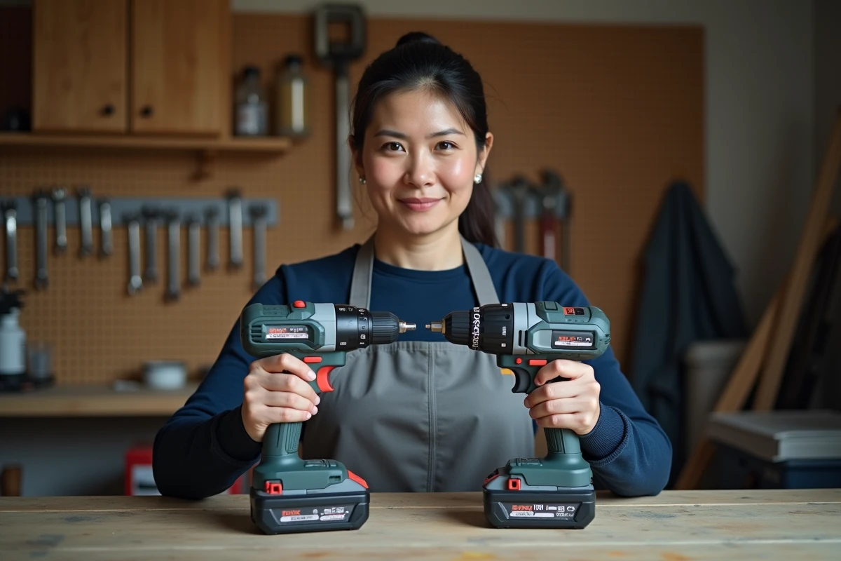 Femme comparant deux perceuses sans fil Parkside dans un atelier de garage, emballages portant des orthographes légèrement différentes de la marque