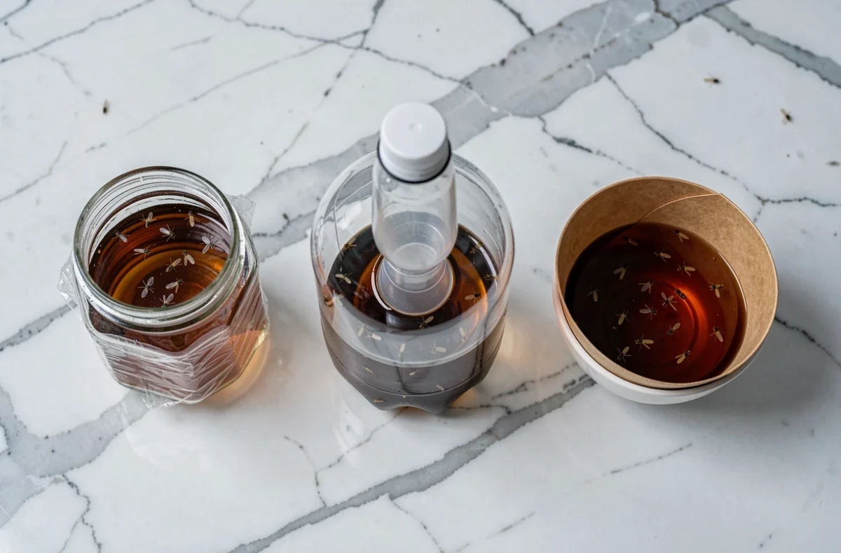 Comparaison de trois types de pièges à mouches vinaigre faits maison avec des mouches attirées, posés sur un comptoir en marbre