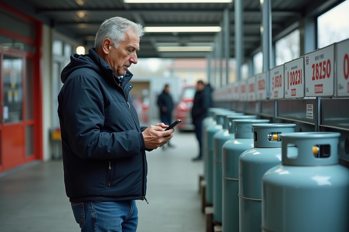 Homme comparant les tarifs des bouteilles de gaz propane en rayon extérieur d'un supermarché type Leclerc