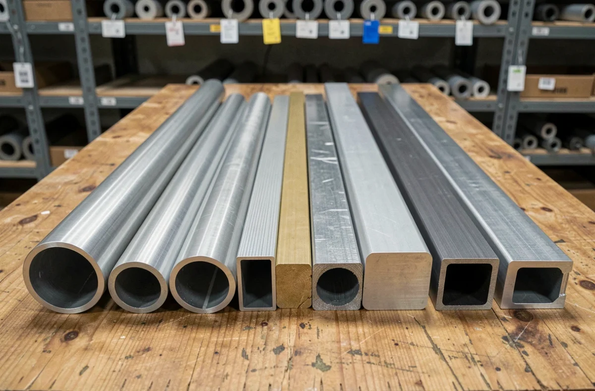 Comparaison de tubes en aluminium de différentes sections et épaisseurs posés sur une surface en bois