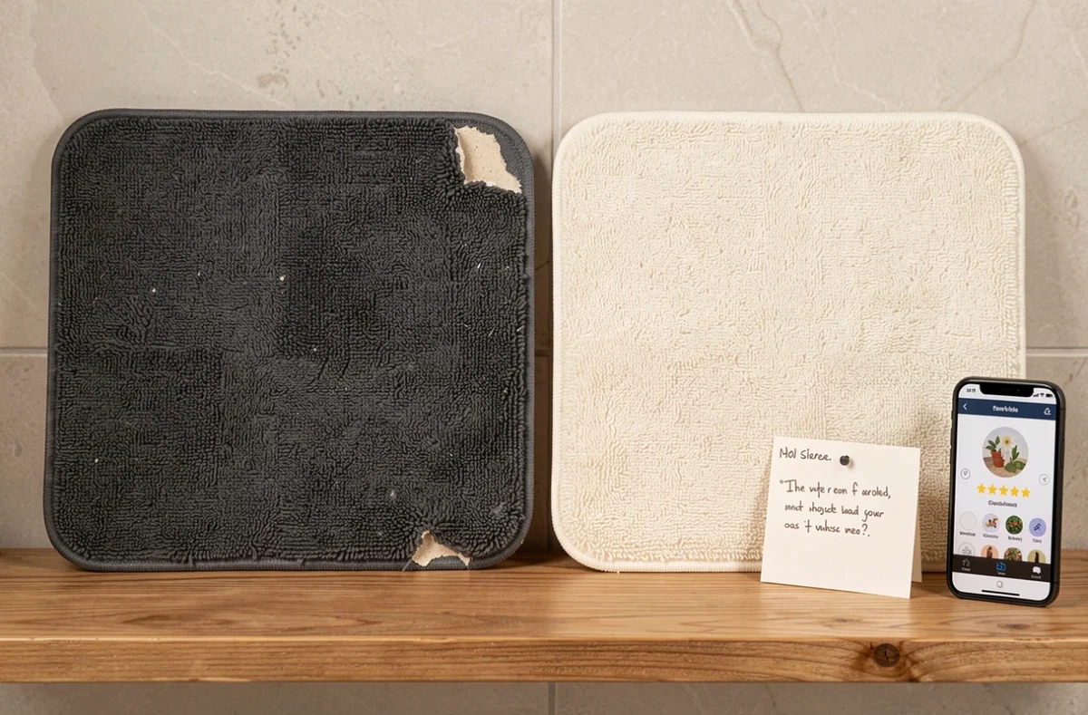 Deux tapis de bain en diatomite gris et blanc comparés sur une étagère en bois avec une fiche avis manuscrite