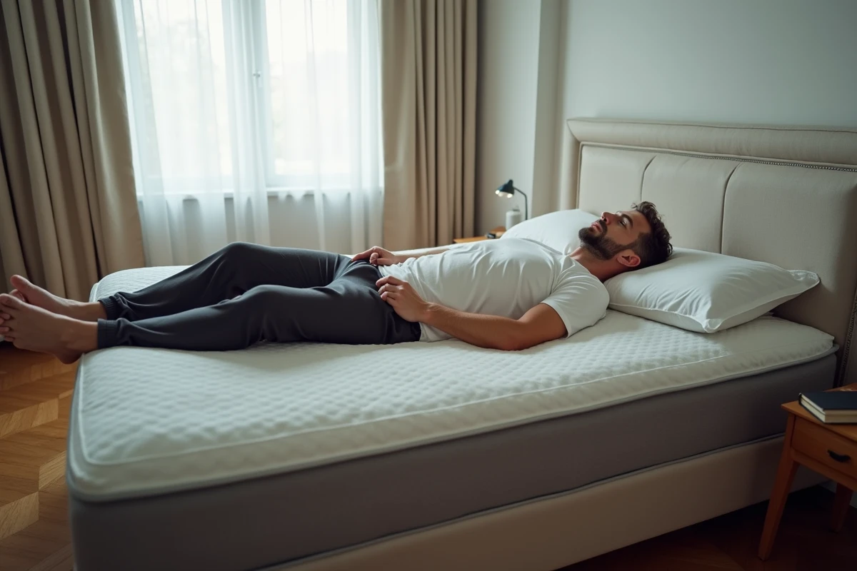 Homme allongé sur un matelas Duvivier dans une chambre à coucher réaliste, évaluant le confort au repos