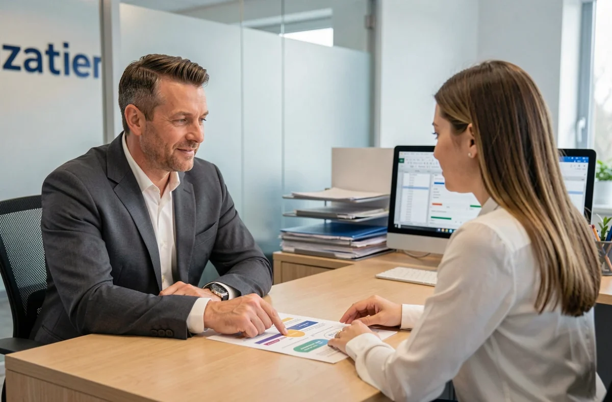 Conseiller en assurance habitation présentant un comparatif GMF et mutuelles à une cliente en agence