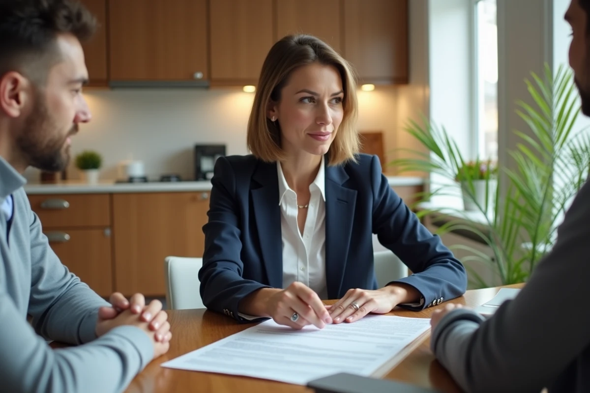 Conseillère en assurance habitation expliquant les garanties contre les capricornes du bois à un couple de propriétaires autour d'un contrat