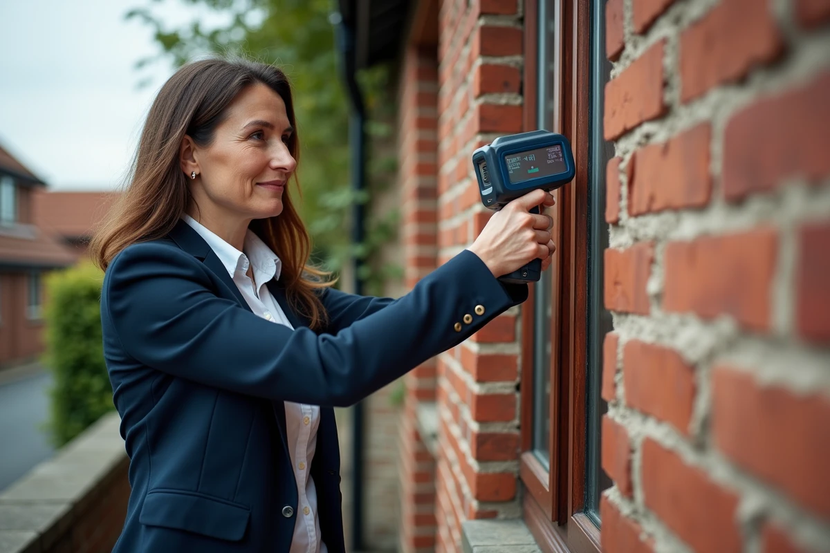 Consultante en audit énergétique utilisant une caméra thermique sur la façade en brique d'une maison ancienne