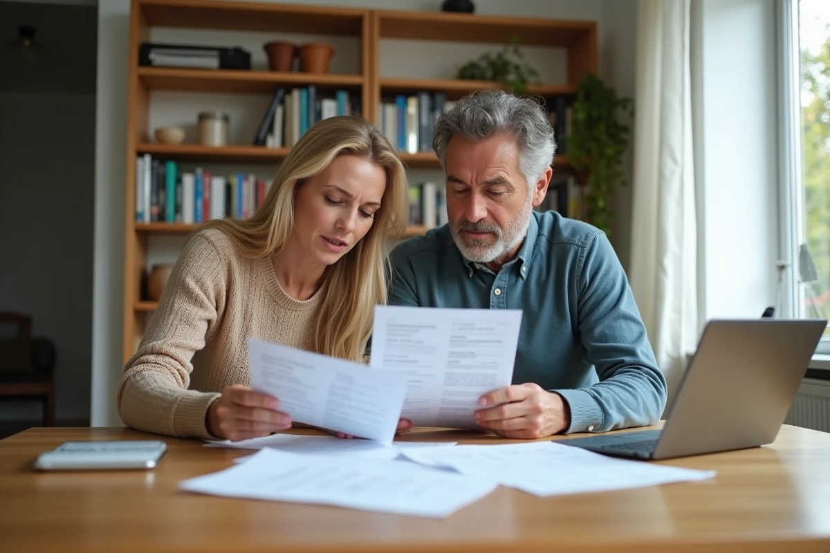 Couple analysant leurs factures d'eau à la maison pour comprendre et réduire leur consommation moyenne annuelle