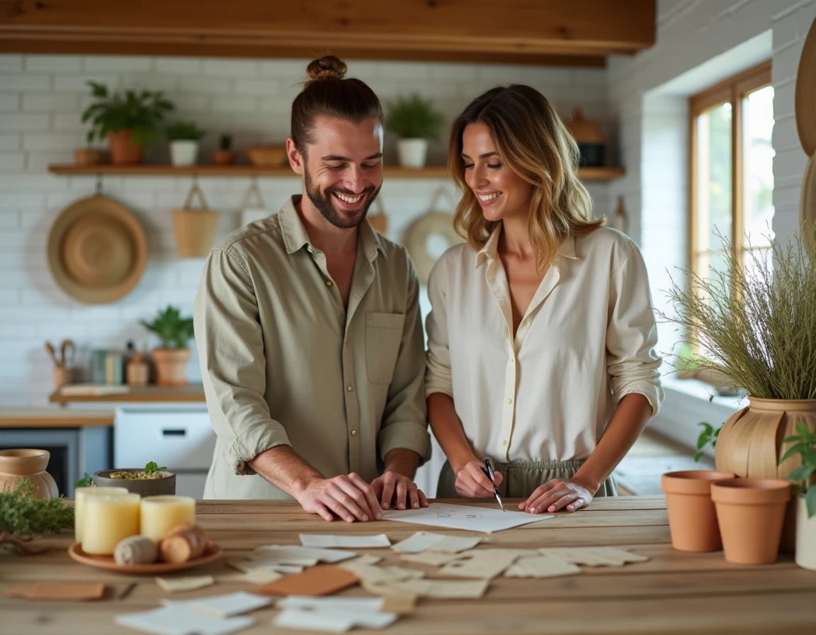 Couple réalisant un atelier DIY déco hygge autour d'une table en bois avec bougies artisanales et plantes séchées
