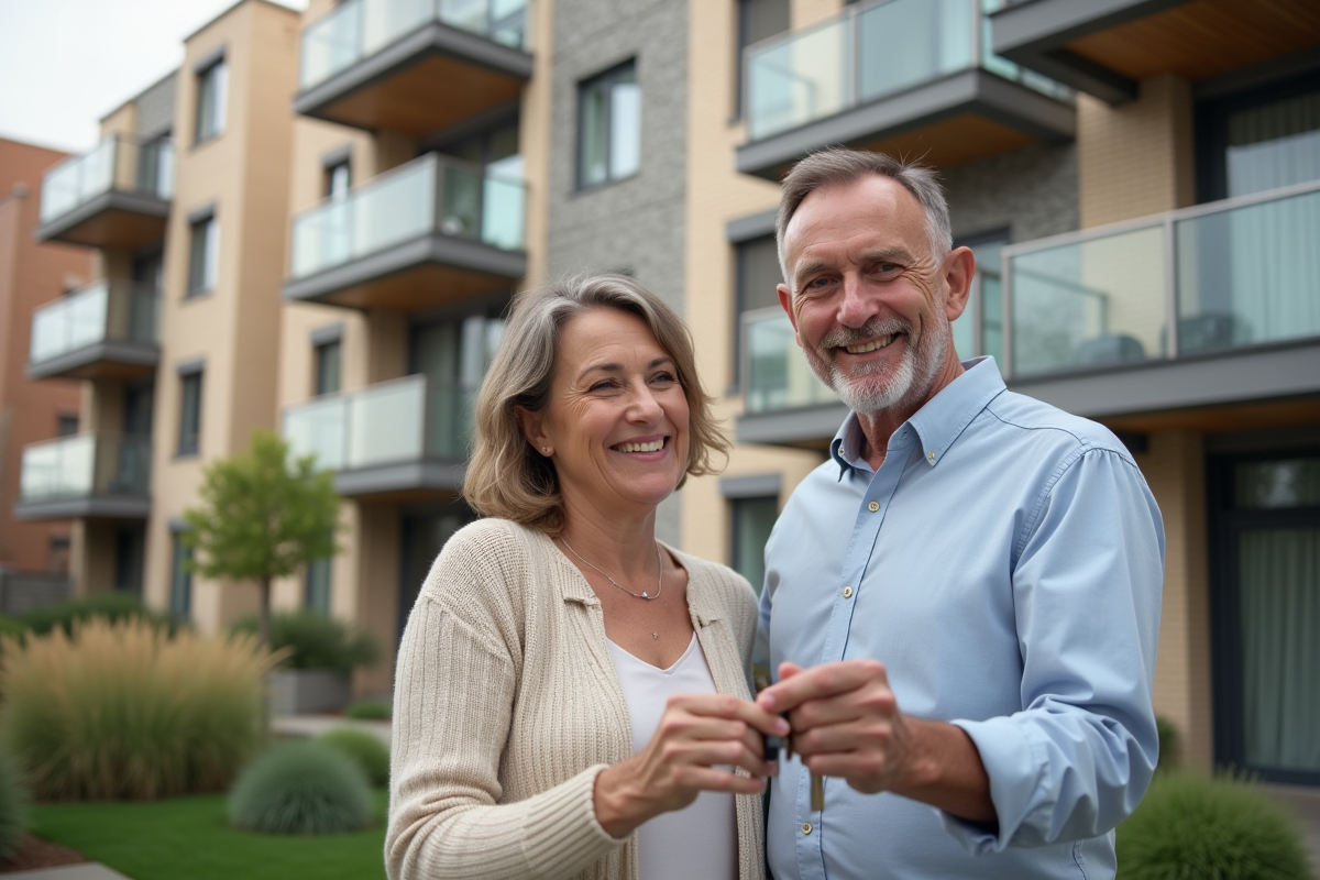 Couple avec clés devant un immeuble neuf en urbanisme