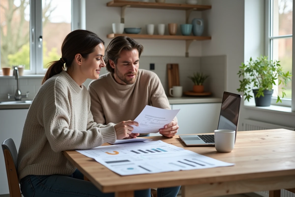Couple étudiant les résultats d'un audit énergétique sur des documents imprimés et un ordinateur portable dans une cuisine moderne