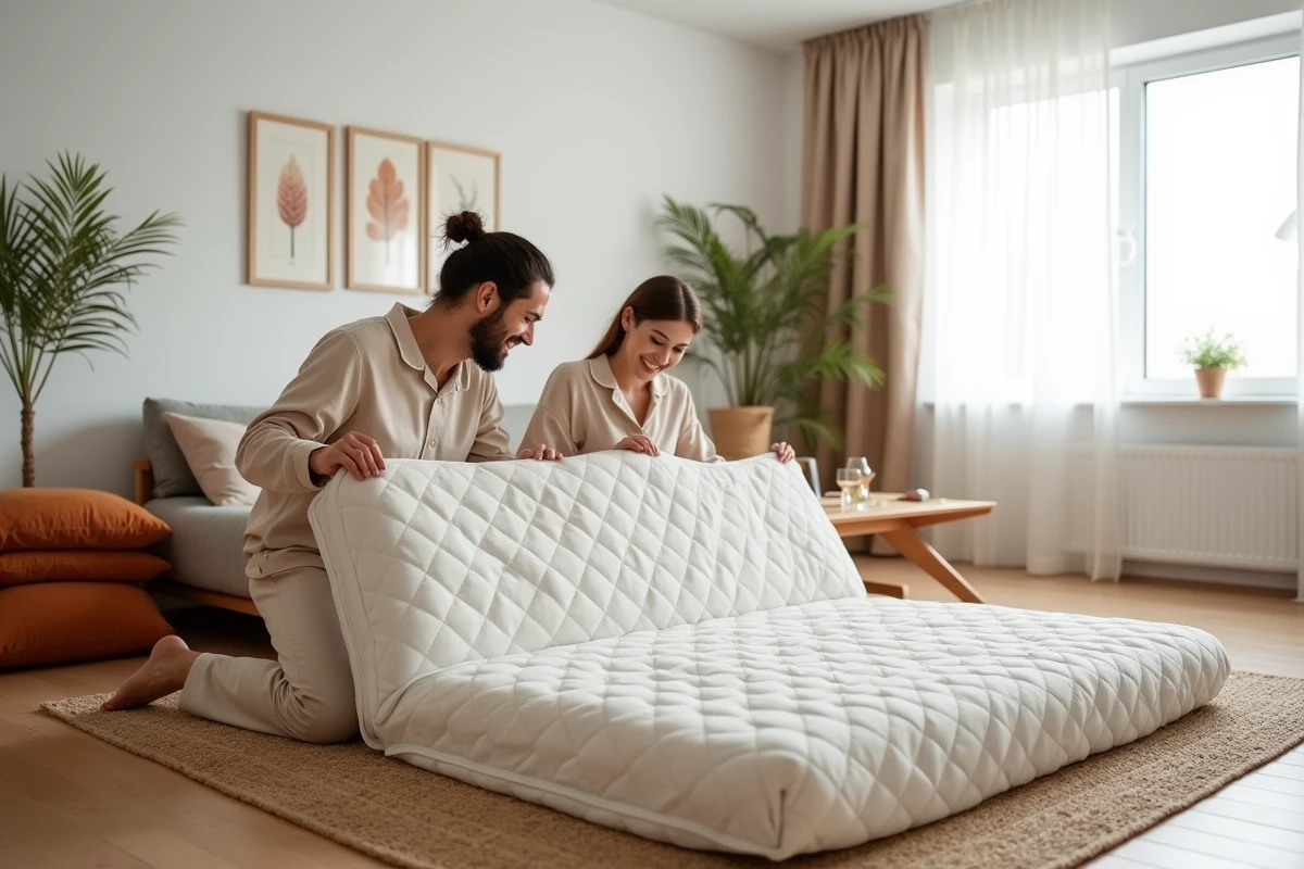 Couple dépliant ensemble un futon matelas pliable épais sur tapis en jute dans un salon cosy décoré sobrement