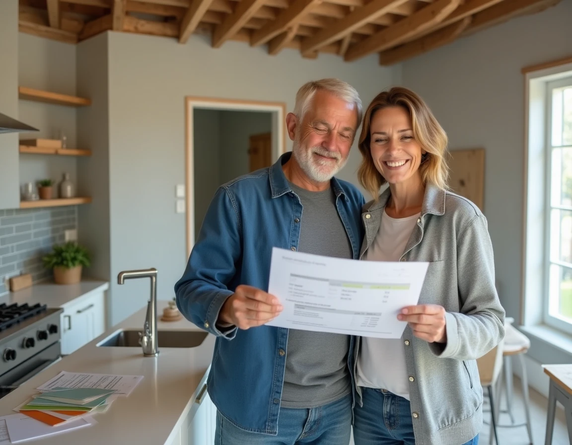 Couple comparant un devis de rénovation avec les travaux en cours dans une cuisine partiellement rénovée