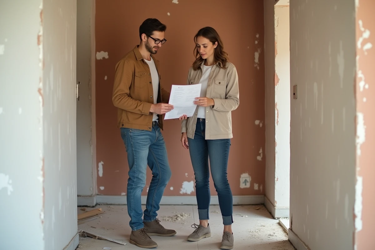 Couple examinant un devis de rénovation globale dans le couloir de leur maison en travaux avec échantillons de matériaux au sol