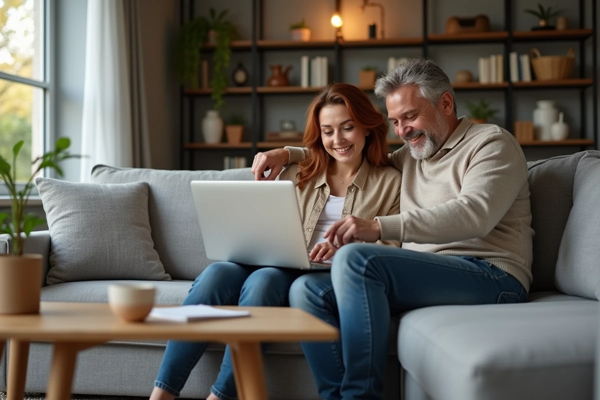 Couple évaluant ensemble la fiabilité d'un site de décoration maison sur leur canapé