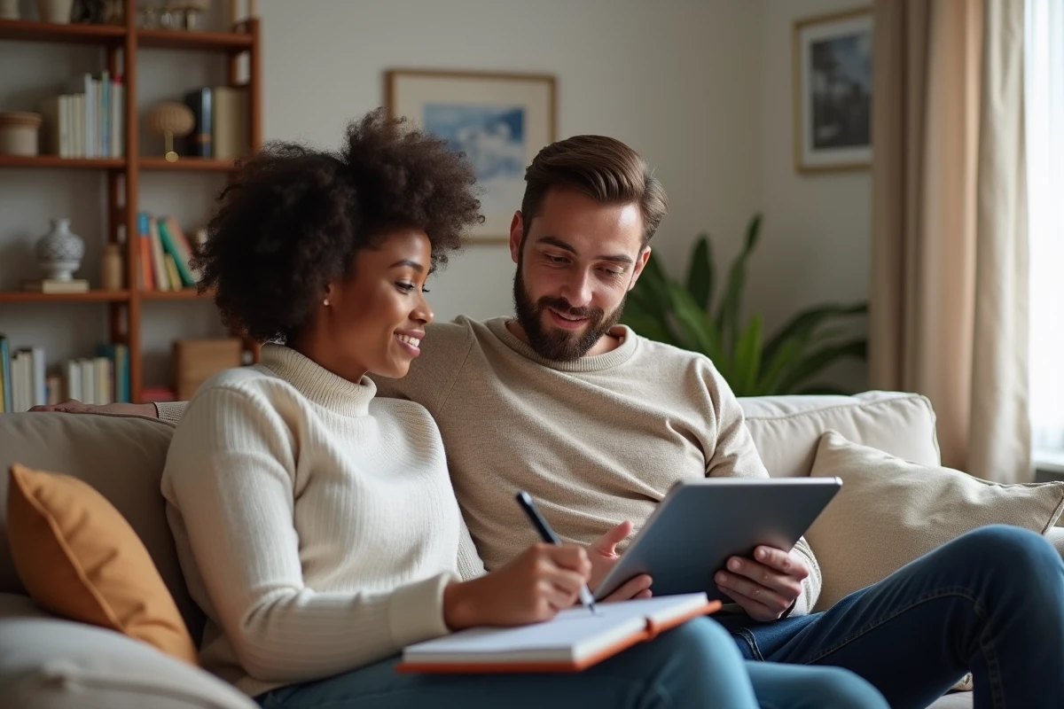 Couple au foyer calculant ensemble les droits chômage et le revenu de référence sur tablette