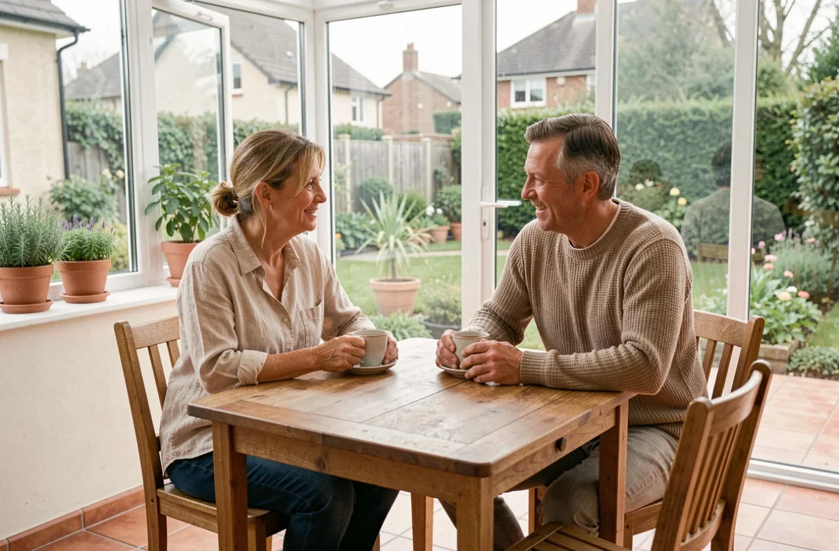 Couple profitant d'un moment convivial à l'intérieur d'une véranda confortable avec sol en carrelage et vue sur le jardin