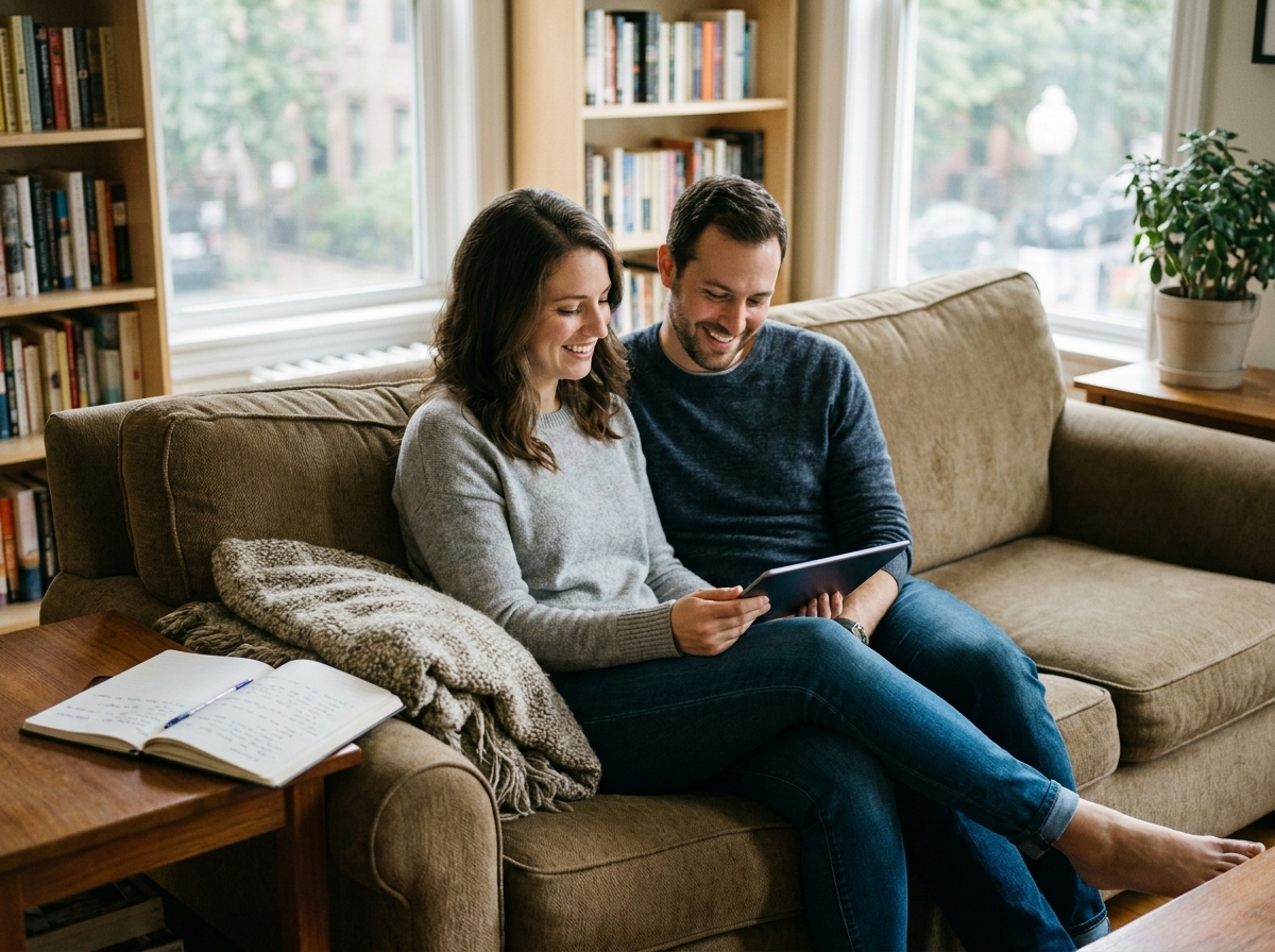Jeune couple souriant utilisant une tablette dans le salon