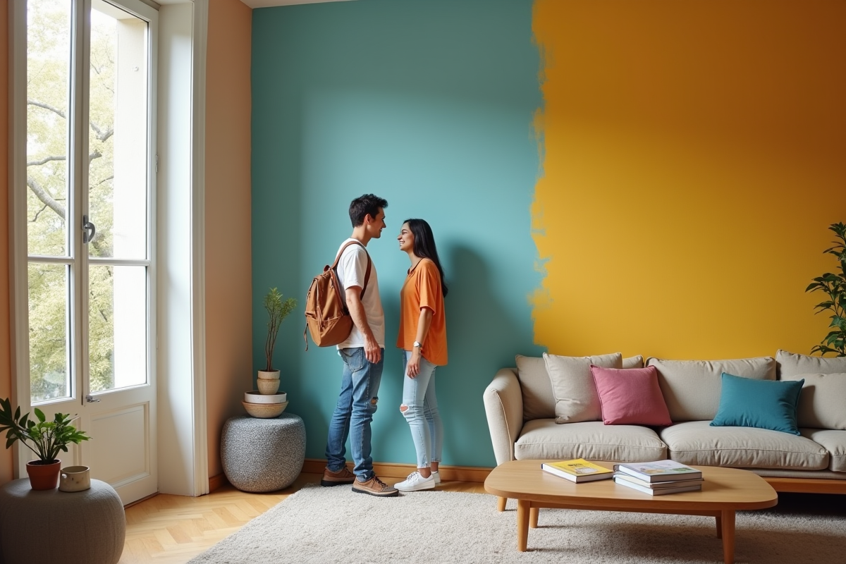 Jeune couple admirant un mur peint dans un salon parisien lumineux