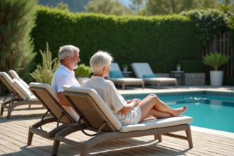 Couple assis sur un salon de jardin en rotin près de la piscine