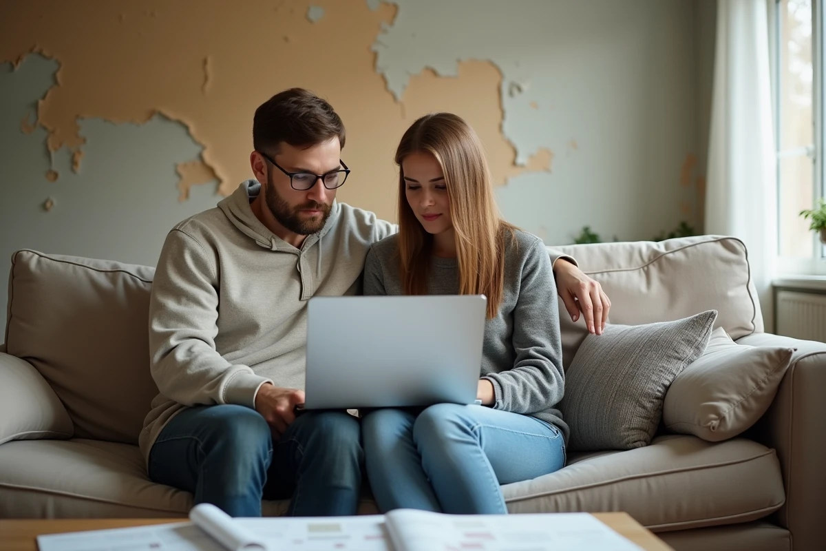 Couple en train de planifier leur budget de rénovation ensemble sur un canapé avec un outil en ligne