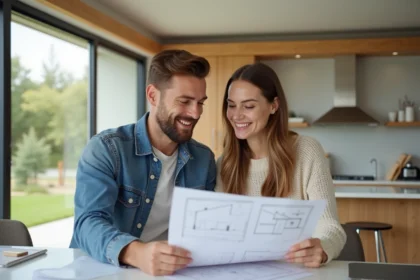 Jeune couple dans la cuisine en train de revoir des plans de maison