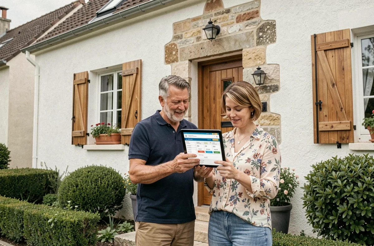 Couple de propriétaires consultant une comparaison d'assurances habitation sur une tablette devant leur maison