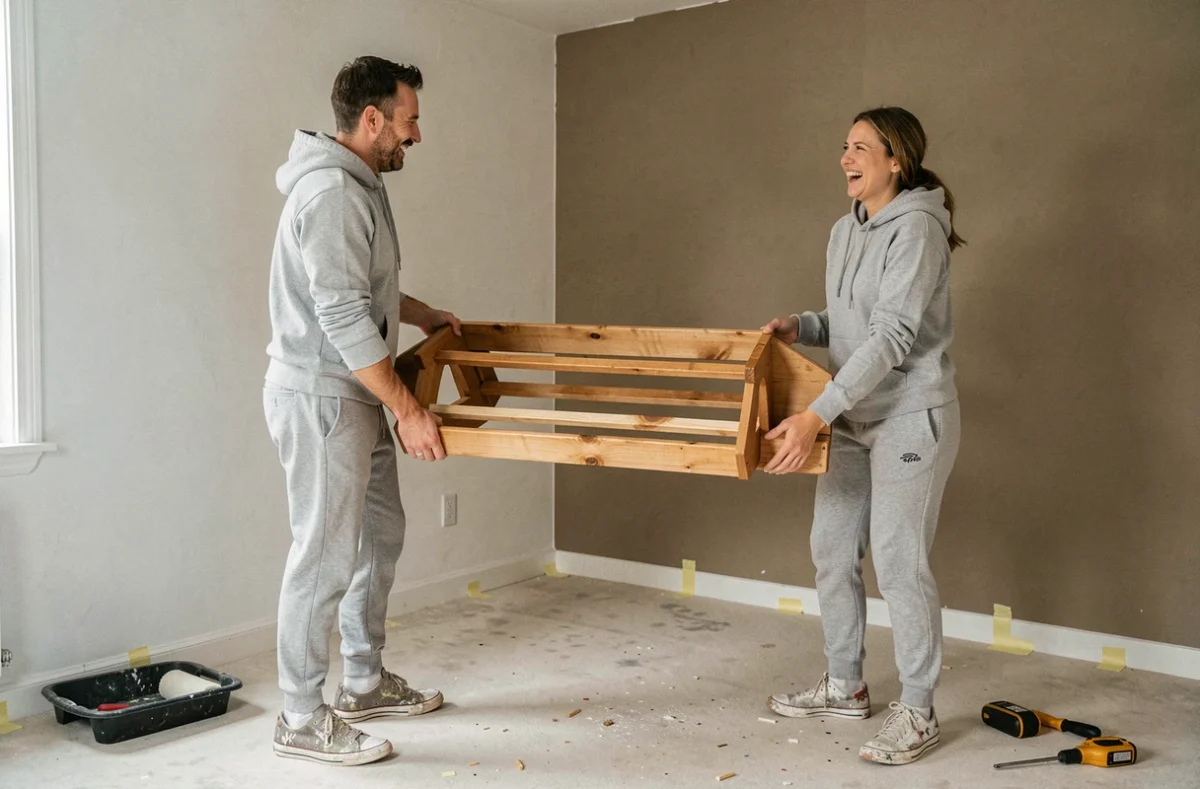 Couple en train de rénover une chambre parentale pendant un week-end express, peinture et déplacement de meubles
