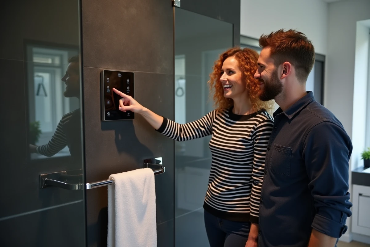 Couple satisfait devant leur douche thermostatique Hudson Reed dans une salle de bain rénovée