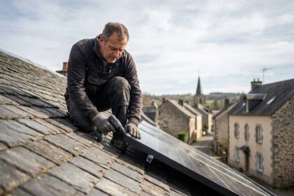 Ouvrier sur toit en ardoise installant panneau solaire