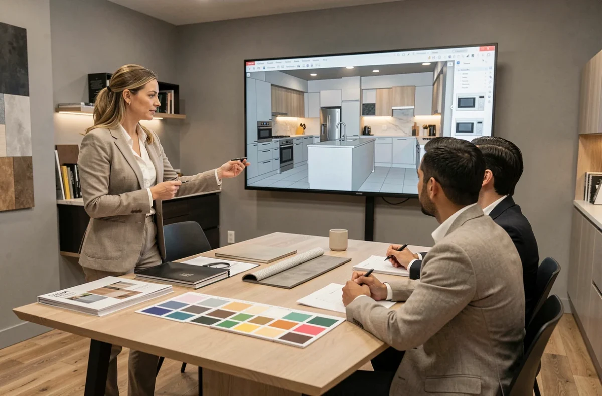 Consultation sur mesure chez un cuisiniste Schmidt avec un designer présentant un plan de cuisine en 3D