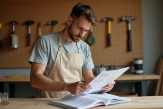 Homme débutant en bricolage lisant un guide pratique sur un établi en bois dans un garage bien rangé
