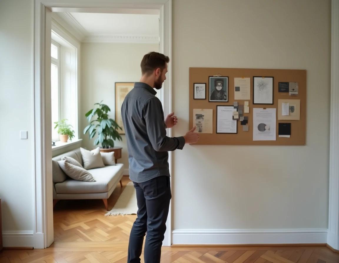 Décorateur d'intérieur présentant un tableau d'inspiration avec échantillons de tissus et couleurs dans un salon rénové haut de gamme