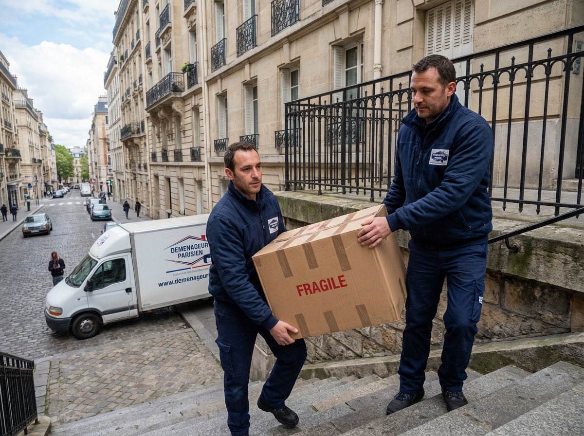 Agents de déménagement portant une caisse dans un immeuble parisien
