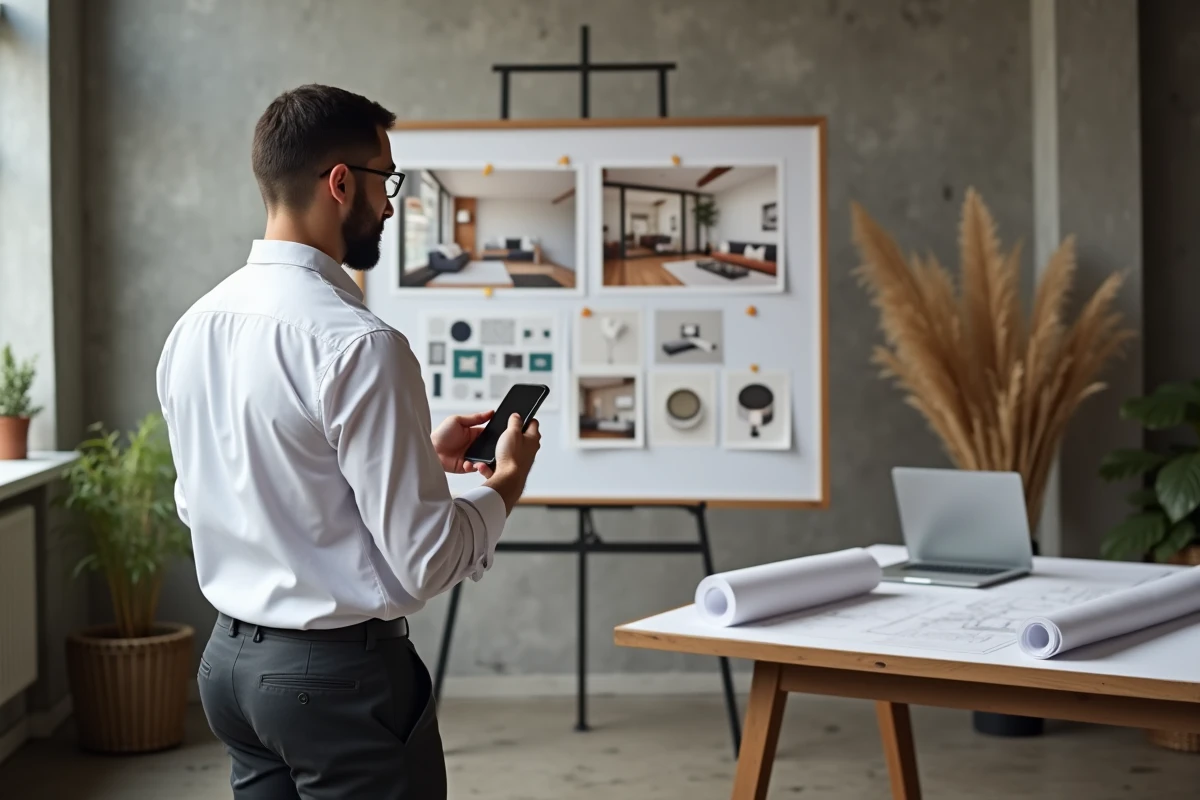 Designer d'intérieur consultant une application de décoration sur smartphone devant un moodboard dans un studio créatif en 2026
