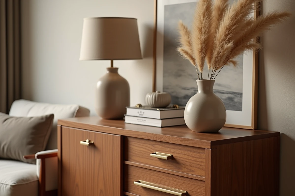 Détail d'un meuble buffet BUT en noyer avec lampe et décoration dans un coin salon relooké