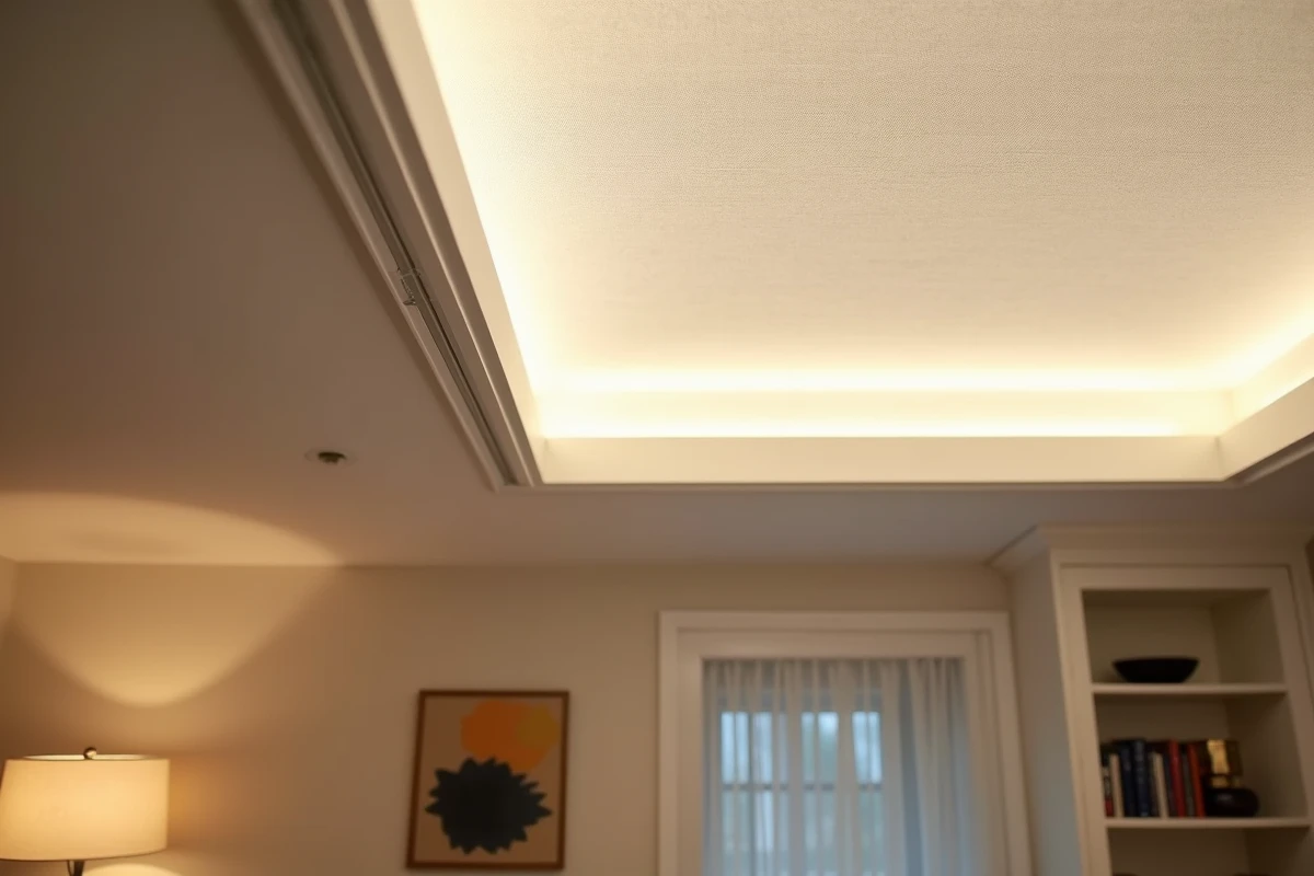 Détail de la toile tendue rétroéclairée avec son rail aluminium discret dans un salon contemporain