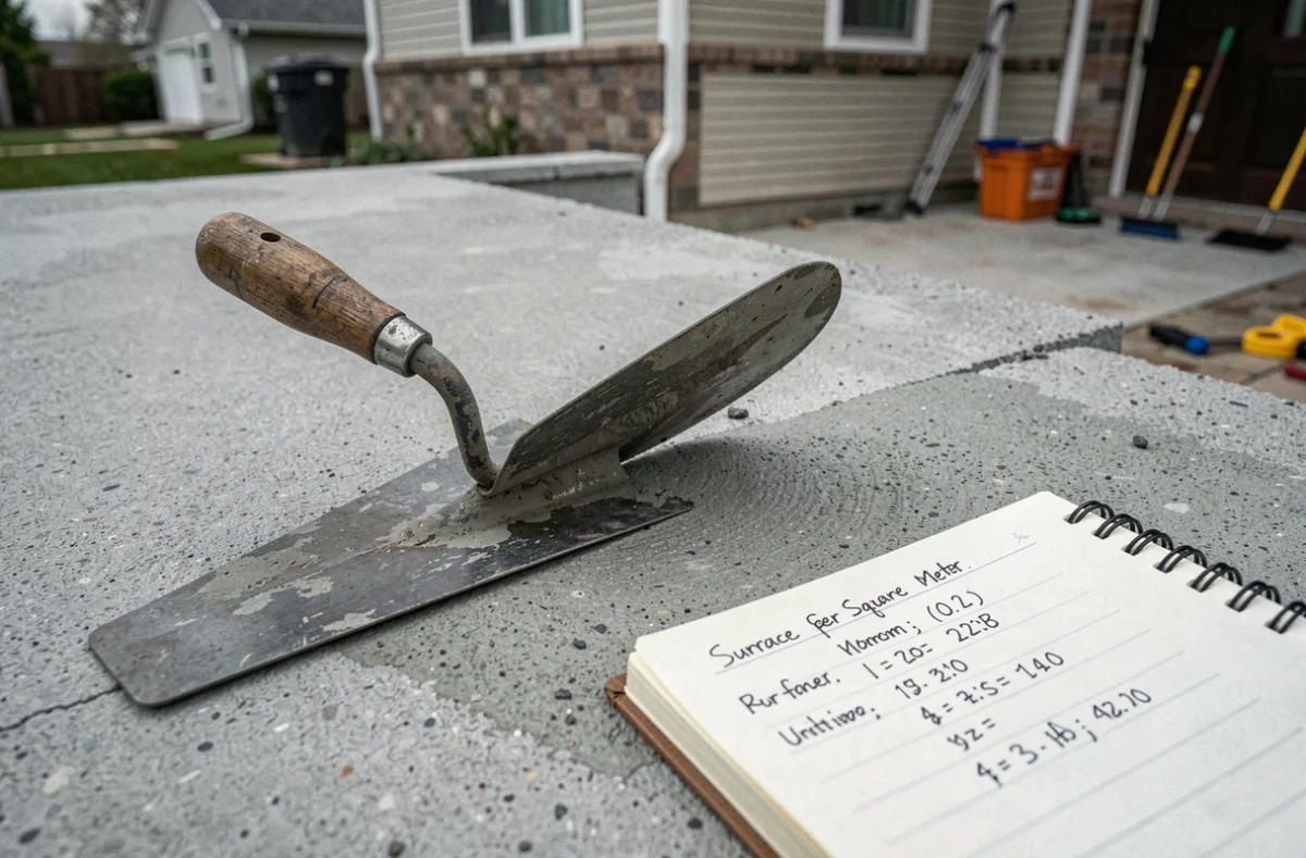 Truelle et carnet de prix sur une dalle de béton de terrasse en cours de réalisation