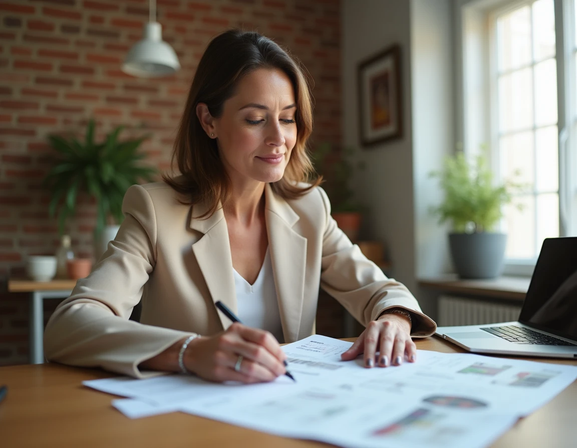 Femme consultant un devis de décoration intérieure avec des documents sur une table en bois dans un appartement contemporain
