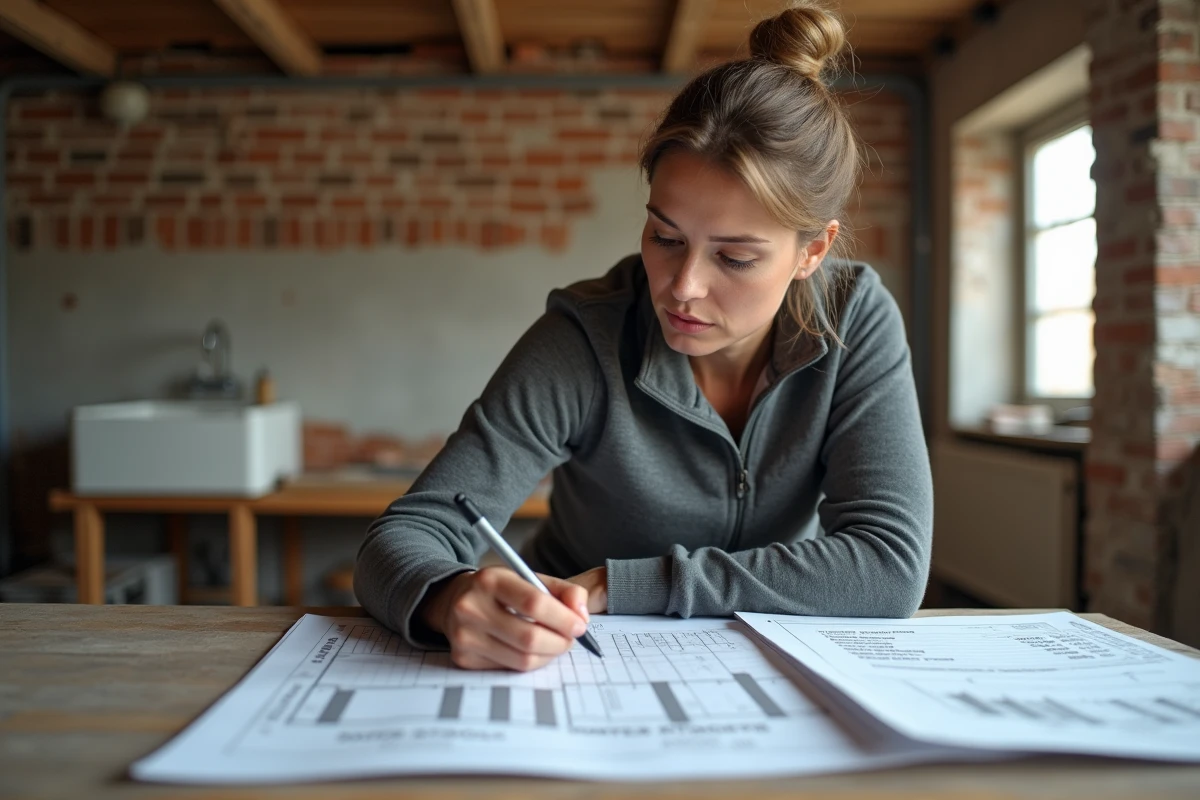 Femme consultante étudiant les plans et devis de rénovation d'une ancienne maison sur un chantier