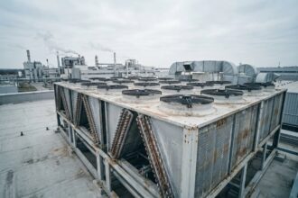 Vue en grand angle d'un dry cooler industriel installé sur le toit d'une usine moderne, mettant en valeur les ailettes en aluminium et les ventilateurs axiaux