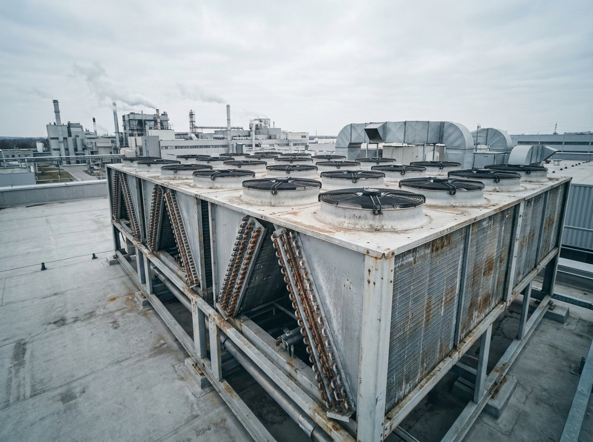 Vue en grand angle d'un dry cooler industriel installé sur le toit d'une usine moderne, mettant en valeur les ailettes en aluminium et les ventilateurs axiaux