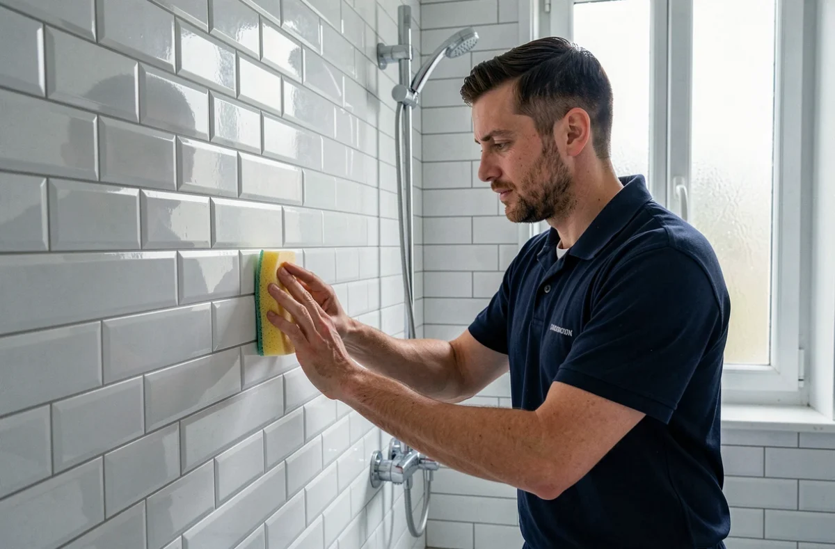 Technicien de ménage Dym Services récurant les carreaux d'une salle de bain moderne
